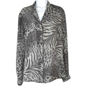 Liz Claiborne Women's Size 12 Gray Black‎ Sheer Animal Print Button Up Shirt